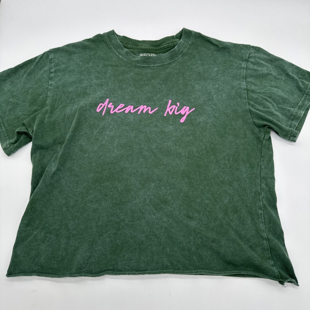 Mighty Fine Cropped Short Sleeve Top Green W/ Pink Dream Big Size M